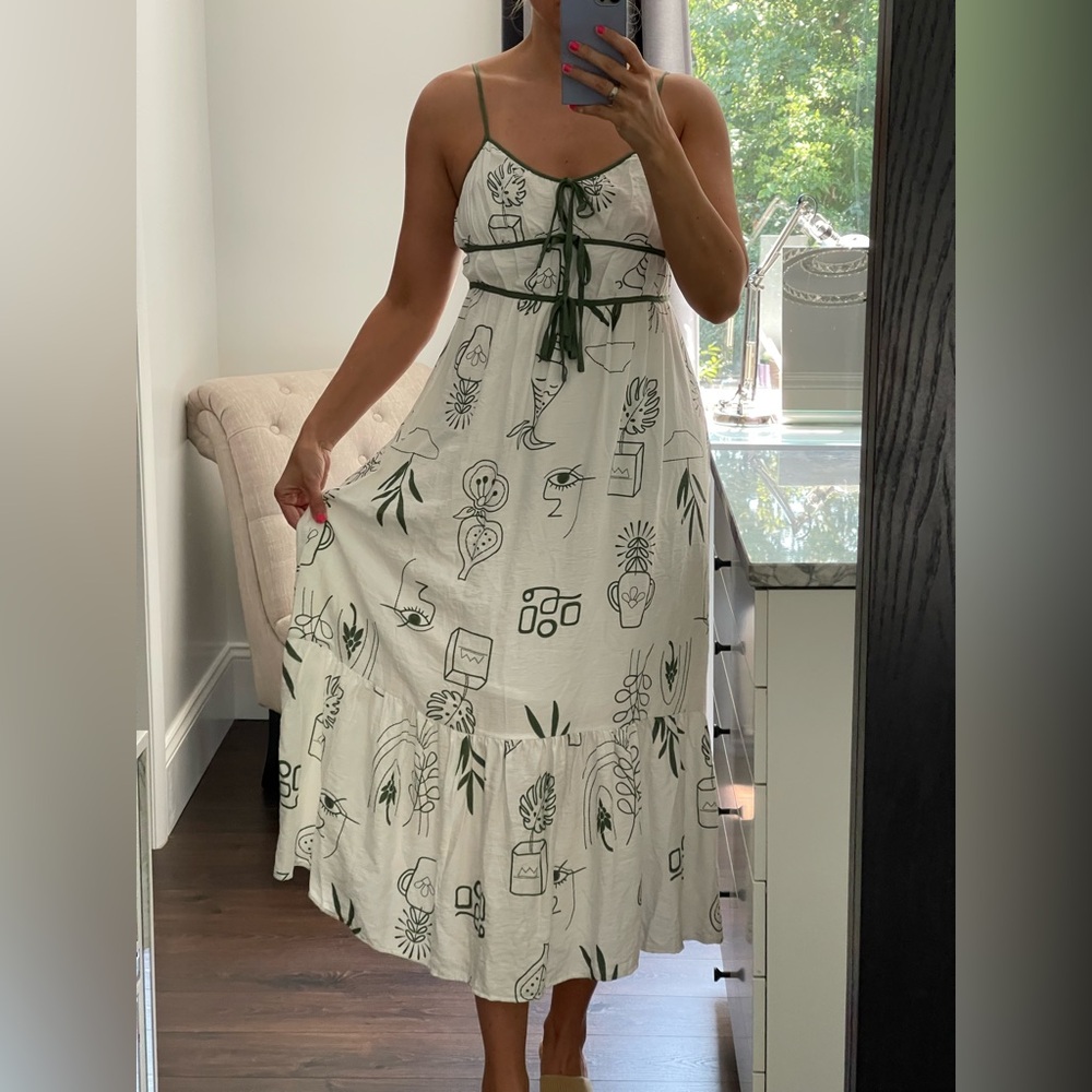 New! Green and White Women's Midi Dress with Thin Straps Size M